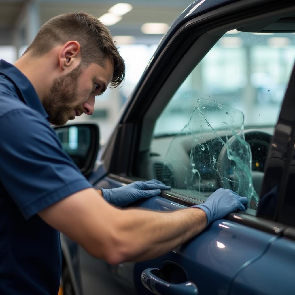 Technician replacing a car window in a Los Angeles auto repair shop