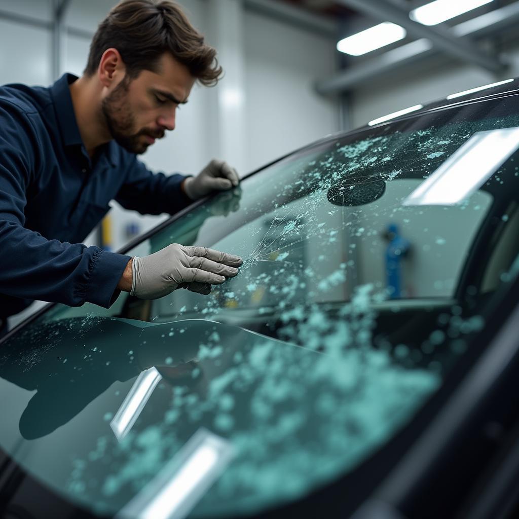 Car window repair shop in Philadelphia with a technician working on a damaged windshield.