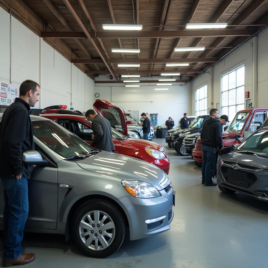 A busy car window repair shop in San Antonio, with technicians working on various vehicles