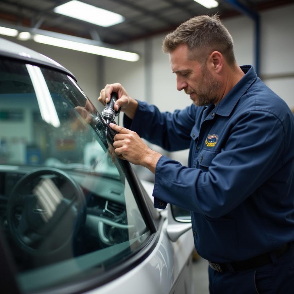 A technician inspecting a car window in a repair shop in Simi Valley