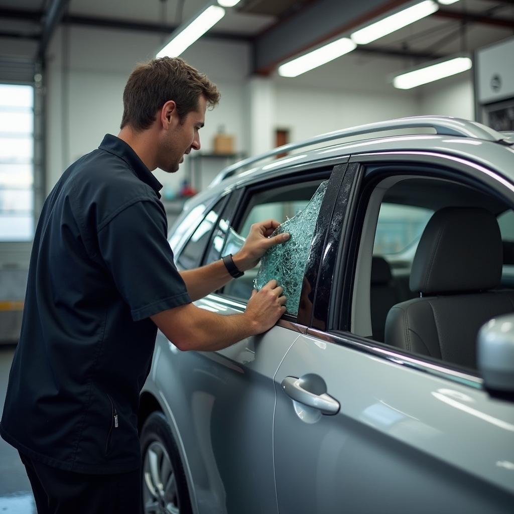 Car undergoing window replacement at a repair shop