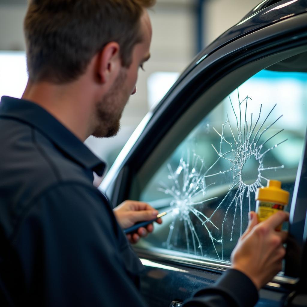 Technician repairing a car window in a professional shop in Spanish Fork