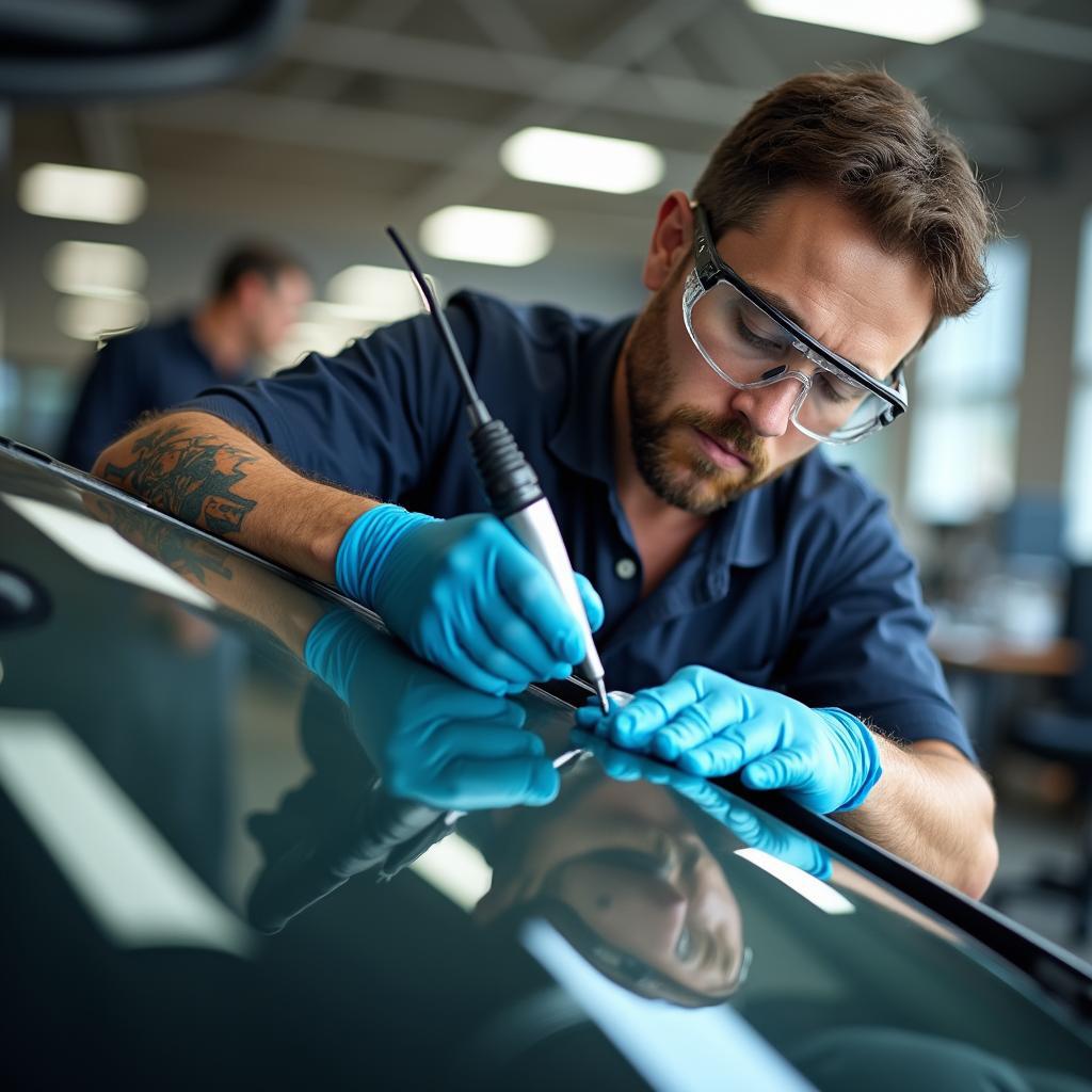 Car window being repaired by a technician in Tacoma