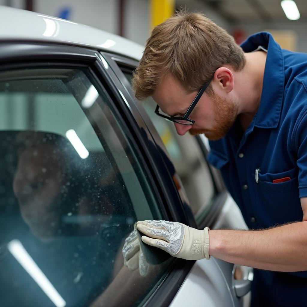 Car window repair technician working in 60657