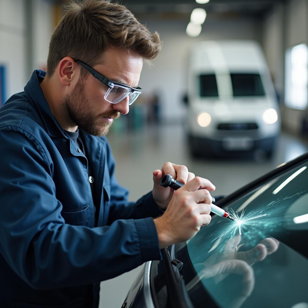 A technician repairing a crack in a car windshield