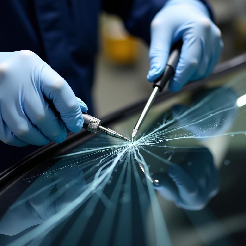 Skilled technician performing car window repair