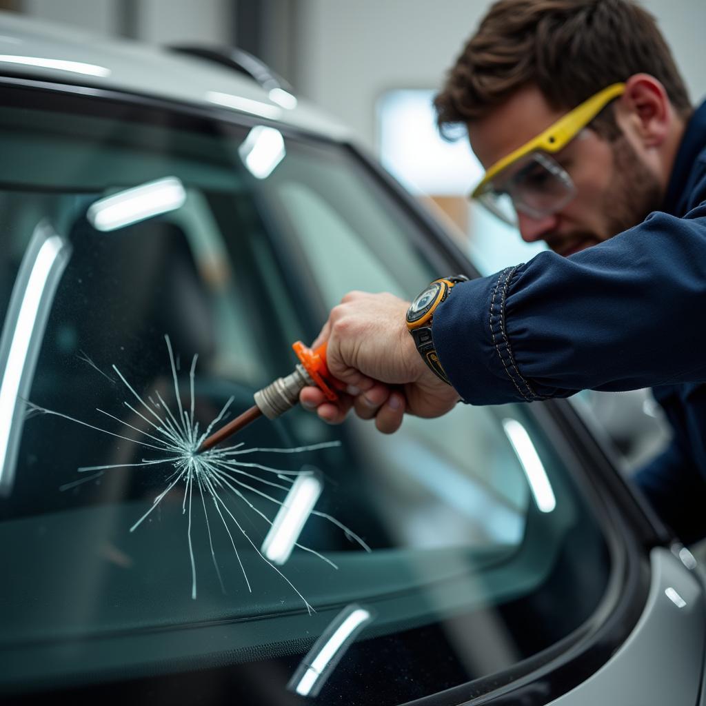 Car Window Repair Technician Inspecting Damage