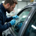 A technician repairing a spider crack in a car window