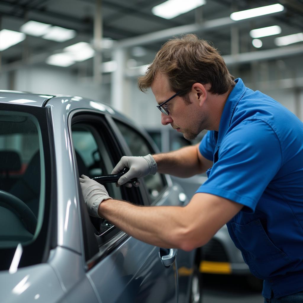 Professional car window repair technician at work