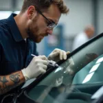 Auto glass technician repairing windshield