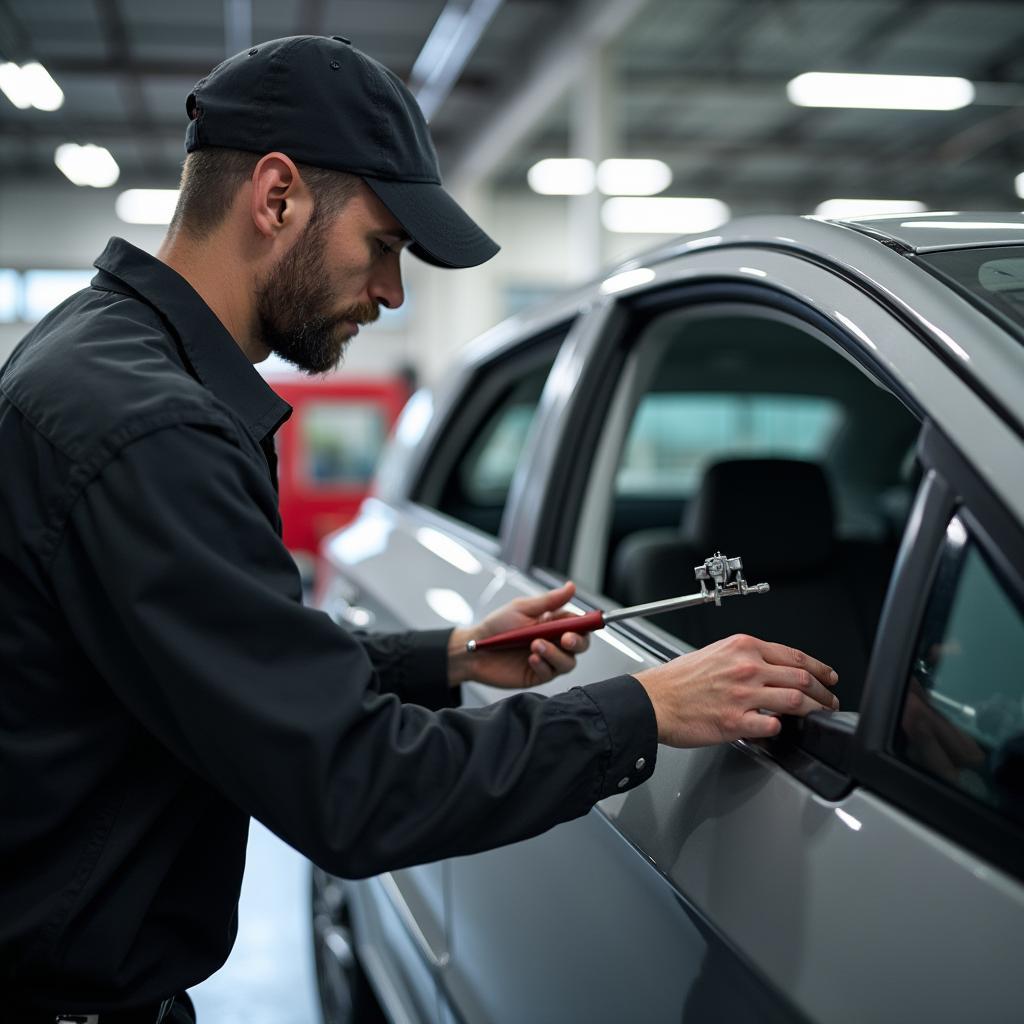 Car Window Repair Technician Diagnosing Problem