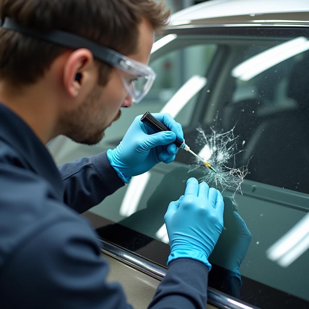 Car window repair technician working on a windshield