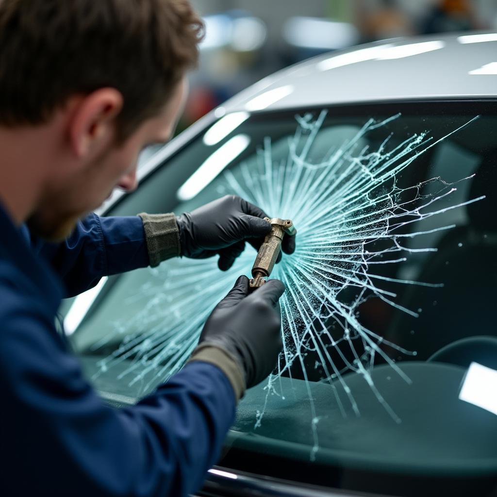 A technician repairing a car window