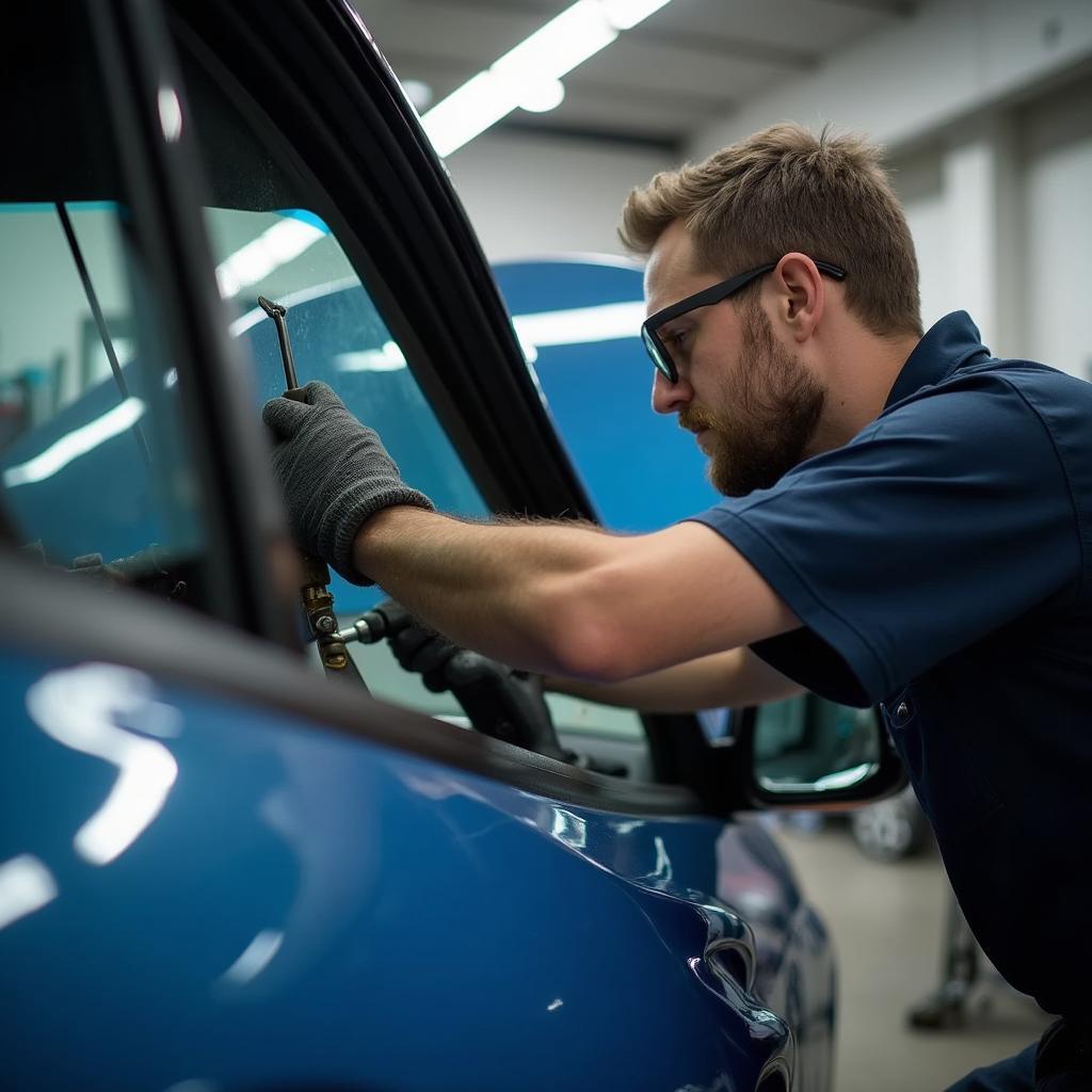 Technician repairing a car window in a Redwood City auto shop