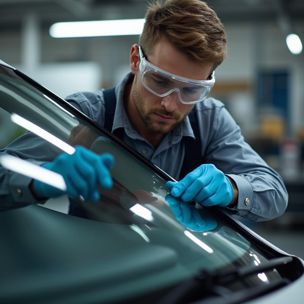 Certified Auto Glass Technician Repairing Windshield