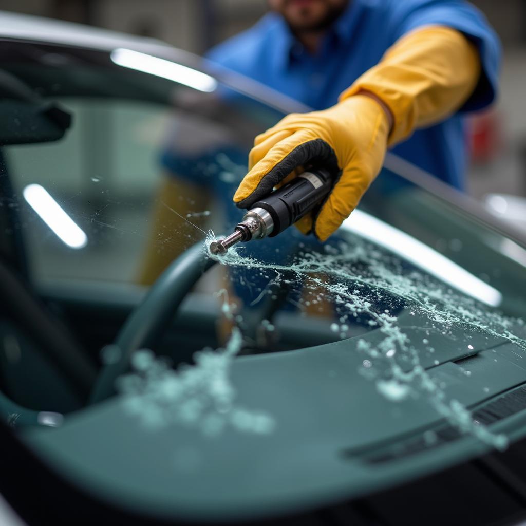 Car Window Repair Technician Inspecting Damage