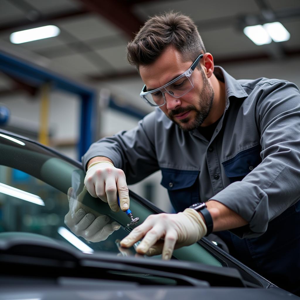 Certified car window repair technician working on a windshield 