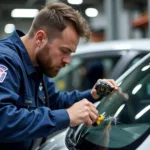 Experienced Car Window Repair Technician Examining a Crack