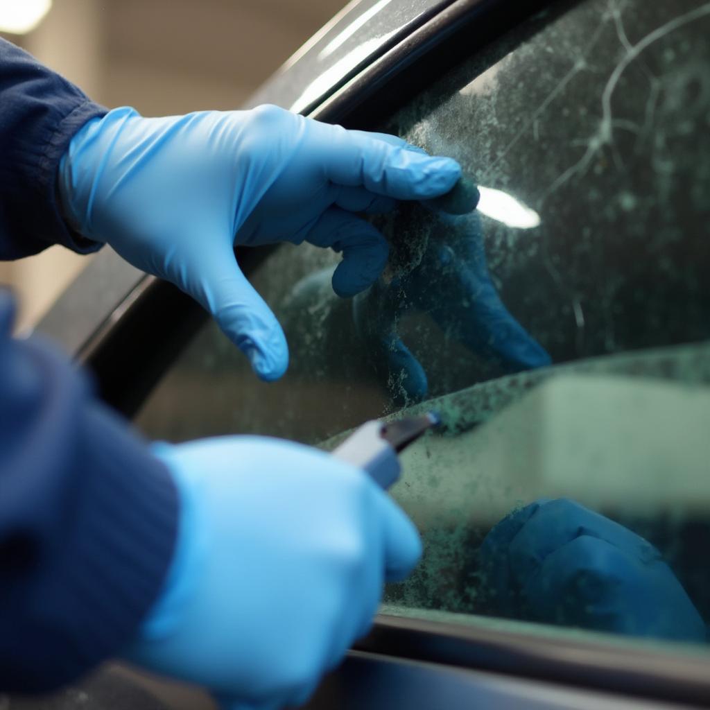 Car Window Repair Technician Assessing Damage