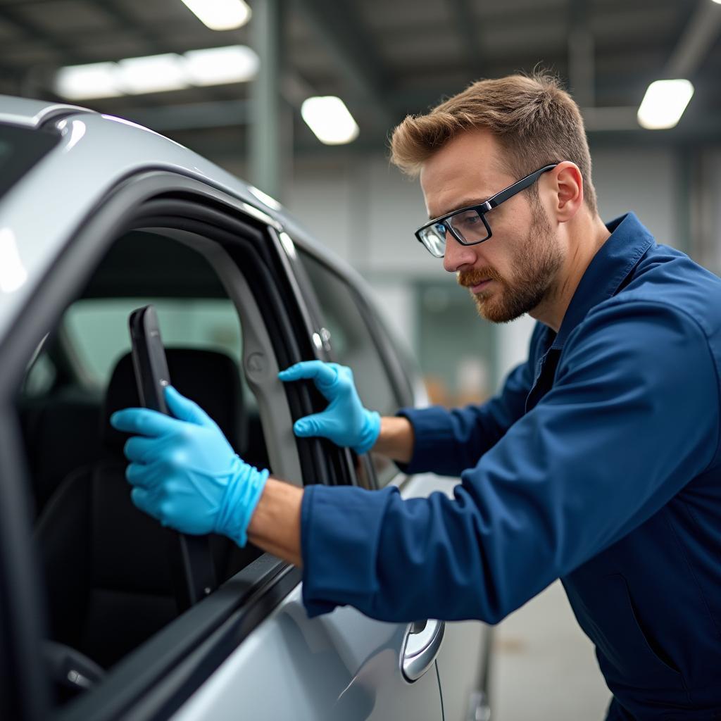 Technician replacing car window in Bradford