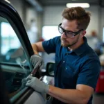 Skilled technician repairing a car window in a Brandon repair shop