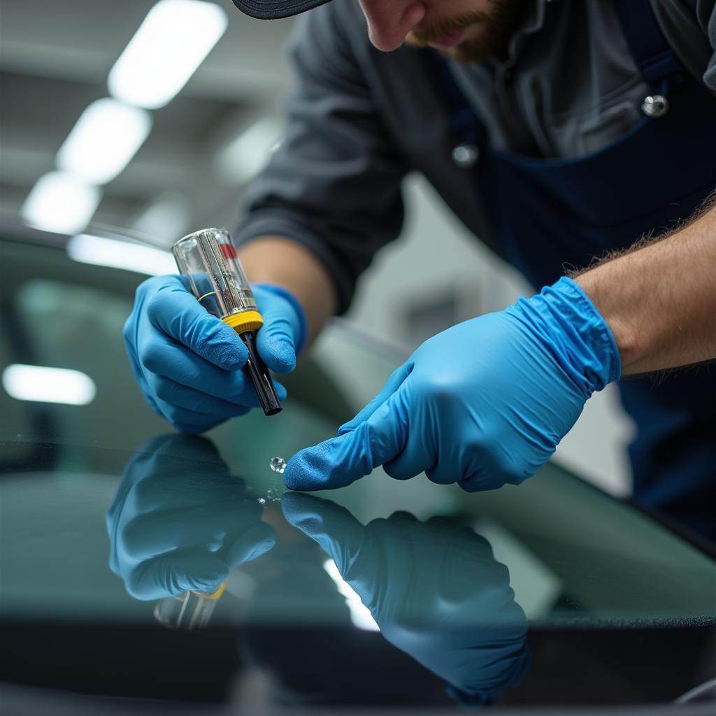 Car window repair technician working on a vehicle in Chicago