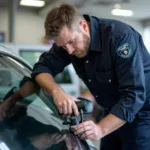 Technician inspecting car window damage