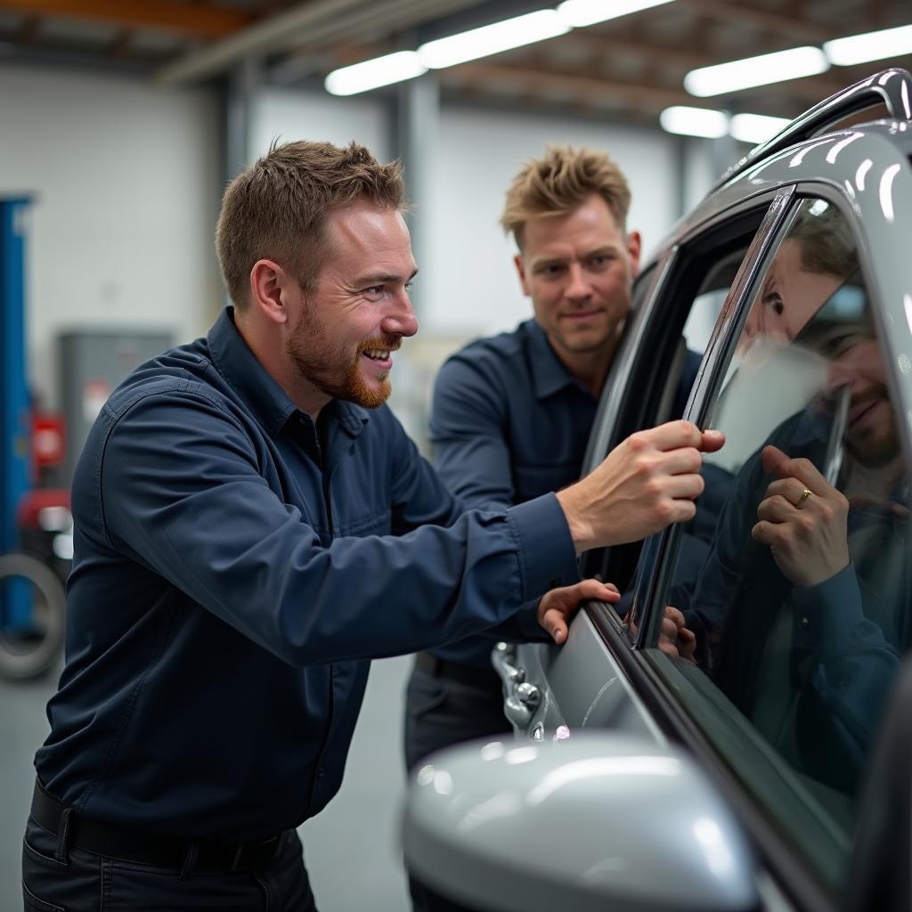 A car window repair technician in York explaining the repair process to a customer