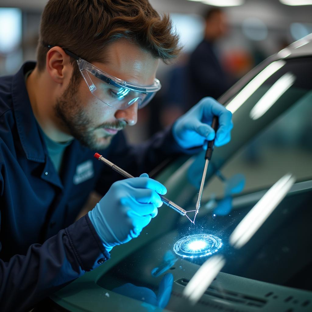 Car window repair technician at work in Hollywood