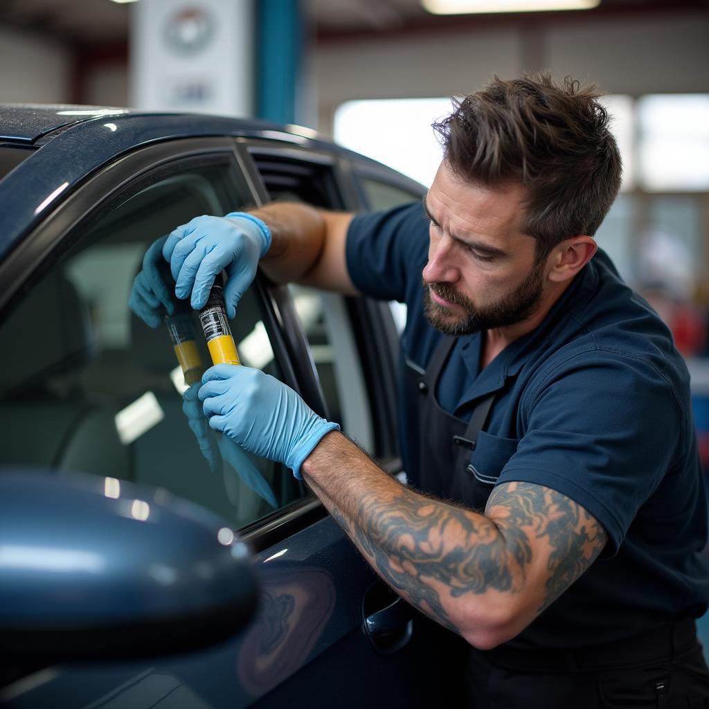 Skilled technician performing a car window repair in Huntington Beach.