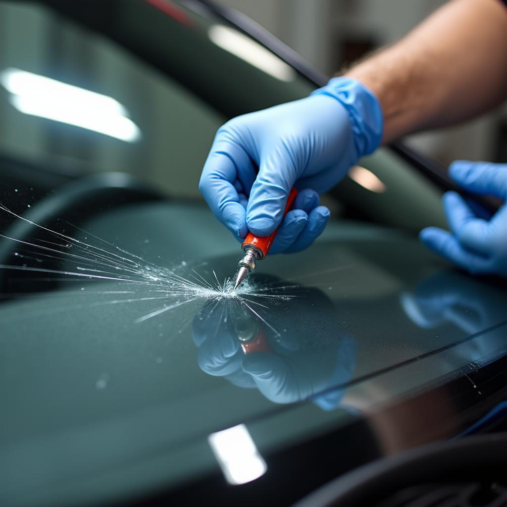 A close-up of a car window repair technician injecting resin into a windshield crack using specialized tools.