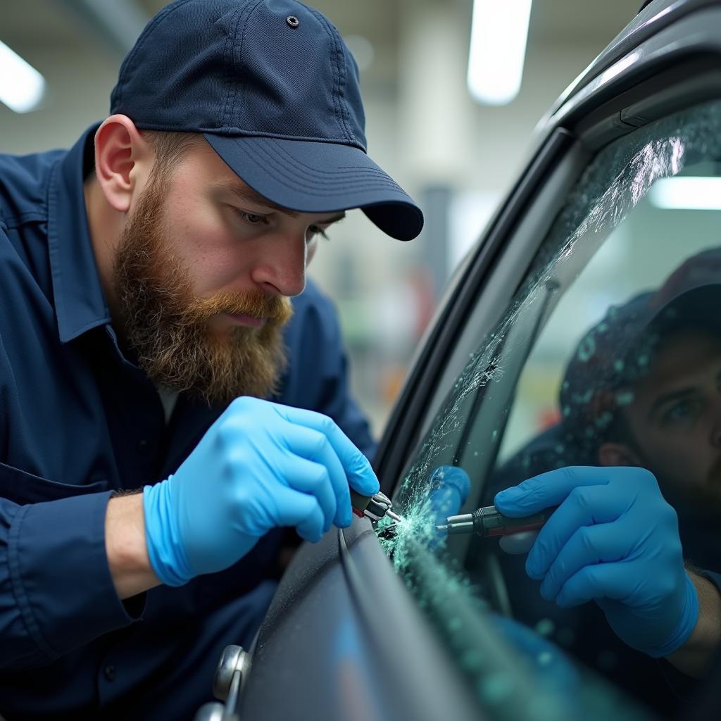 Skilled technician inspecting car window damage