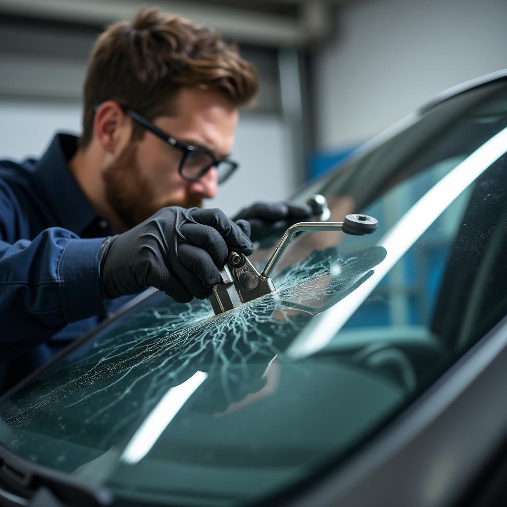 Ventura County car window repair technician inspecting a cracked windshield.