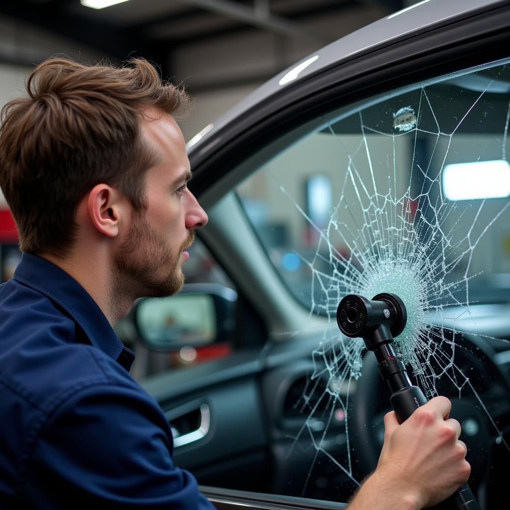 Auto glass technician inspecting damage on a car window