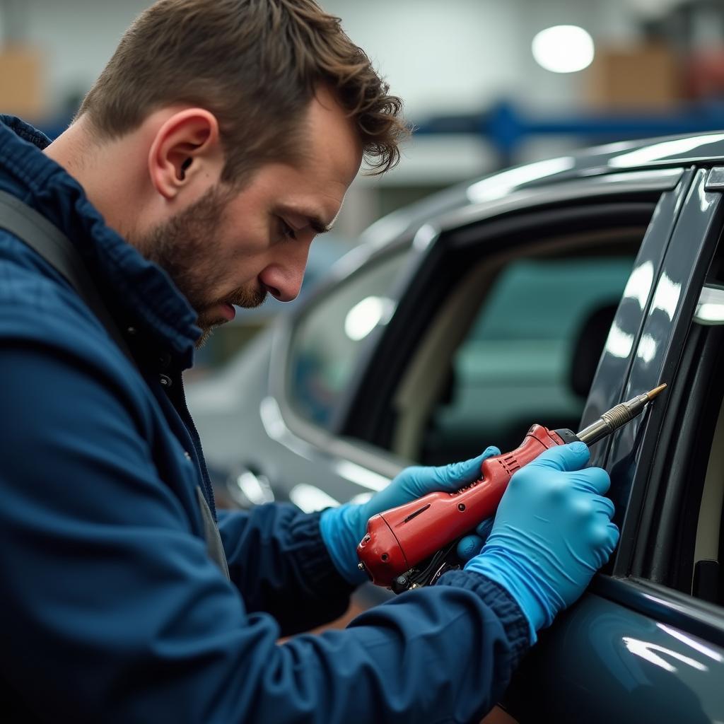 A skilled car window repair technician working in Matthews, NC