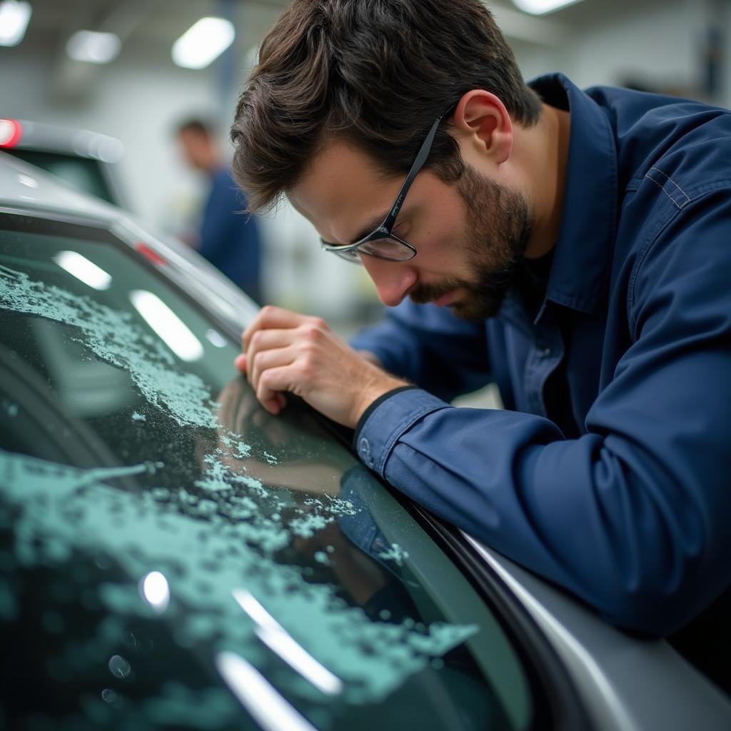 Car window repair technician in Merced, CA, inspecting damage