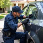 Skilled technician performing a mobile car window repair in Multnomah County.