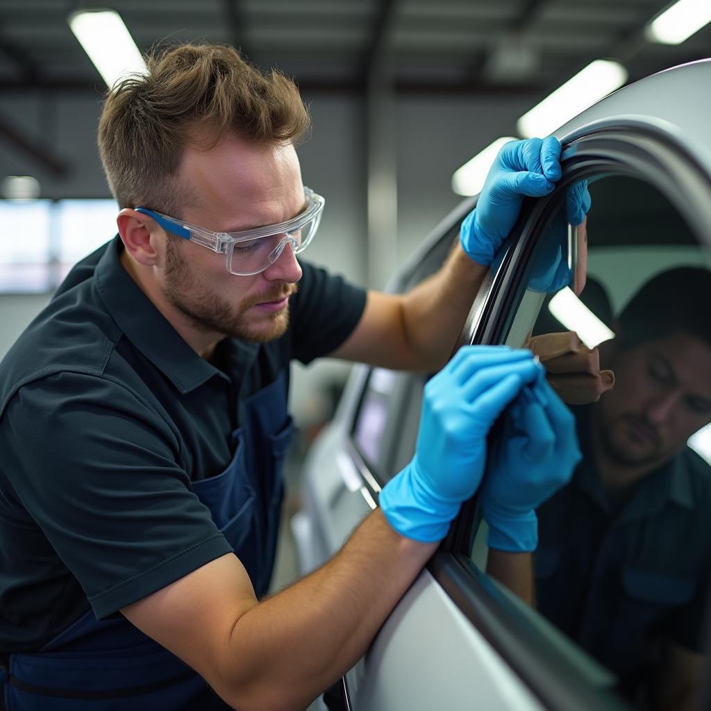  A skilled technician repairing a car window in a New Orleans repair shop