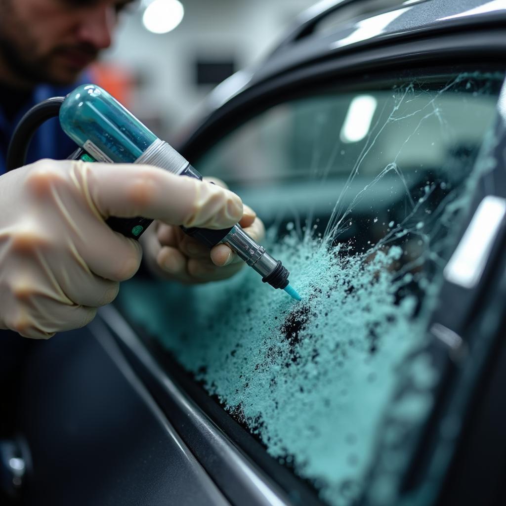 Car Window Repair Technician Performing Resin Injection