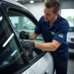 A skilled technician repairing a car window in a professional auto glass shop in Smyrna