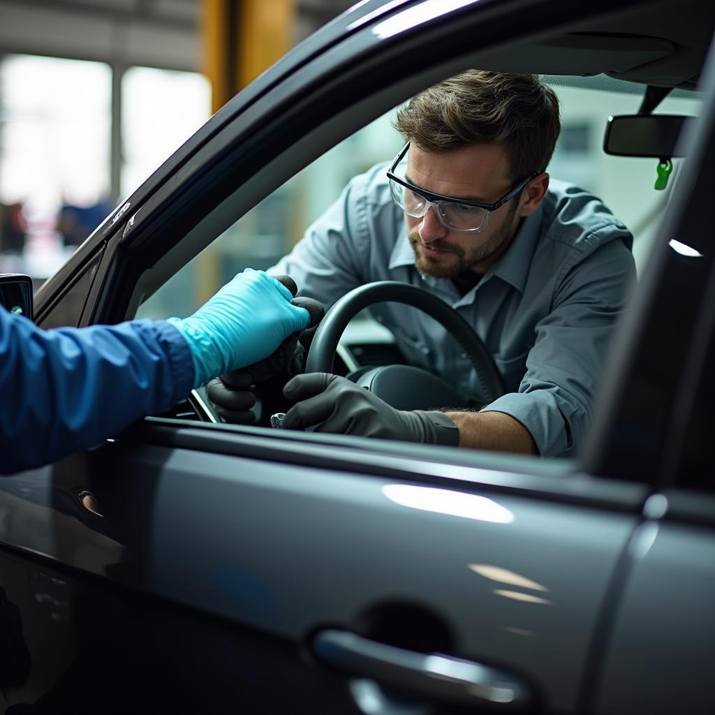 A skilled technician repairing a car window in a professional shop in Waukegan