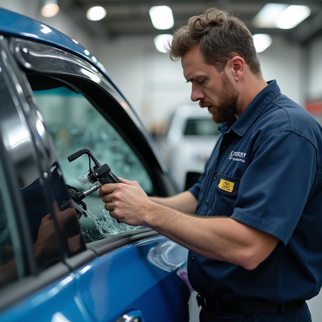 Car Window Repair Technician at Work