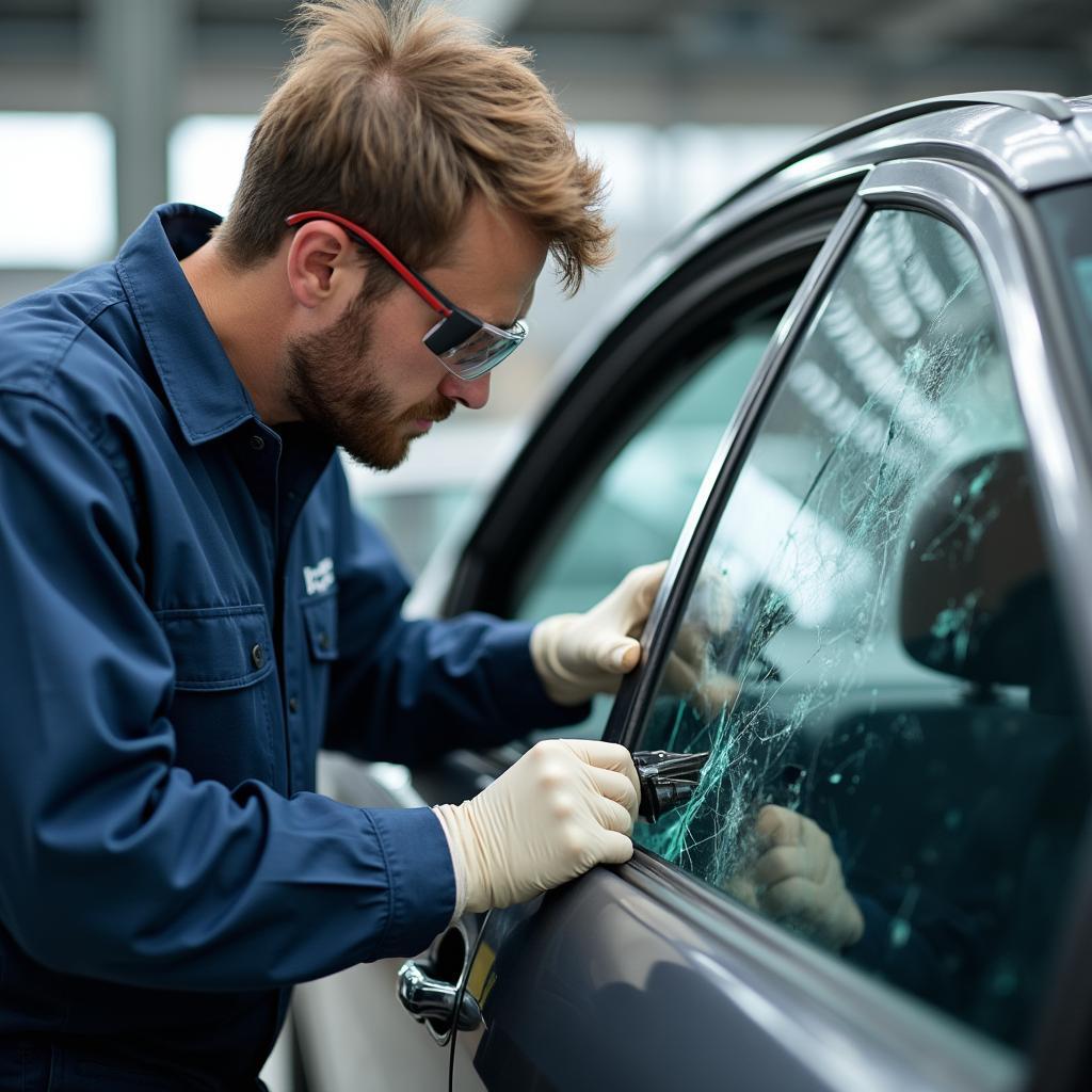 Car Window Repair Technician at Work