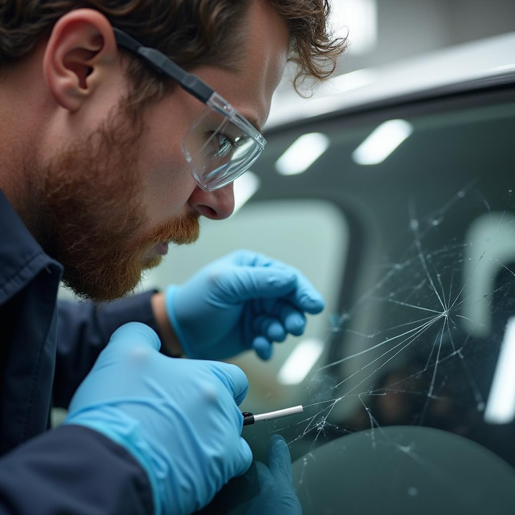 Car Window Repair Technician Working