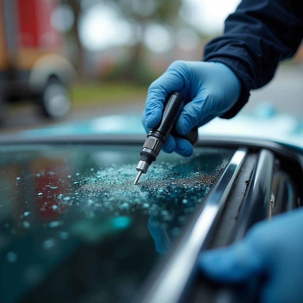 Close-Up of Resin Injection Car Window Repair in Ukiah