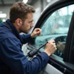 A technician assessing car window damage to determine if repair or replacement is necessary.