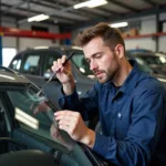 Mechanic assessing car window damage in Blue Springs