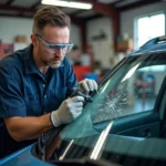 Car window repair technician working on a damaged windshield in West Palm Beach