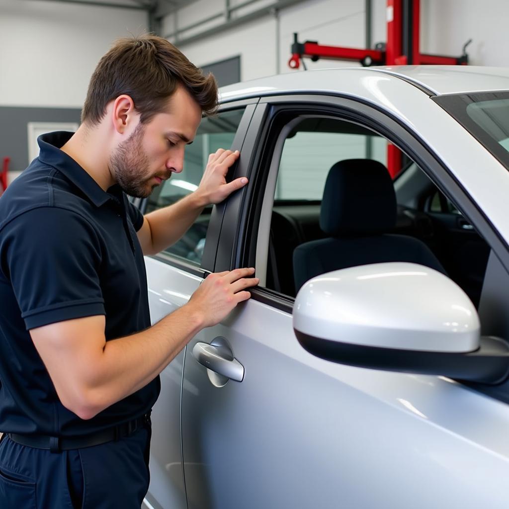 A technician replacing a car window in Junction City, KS