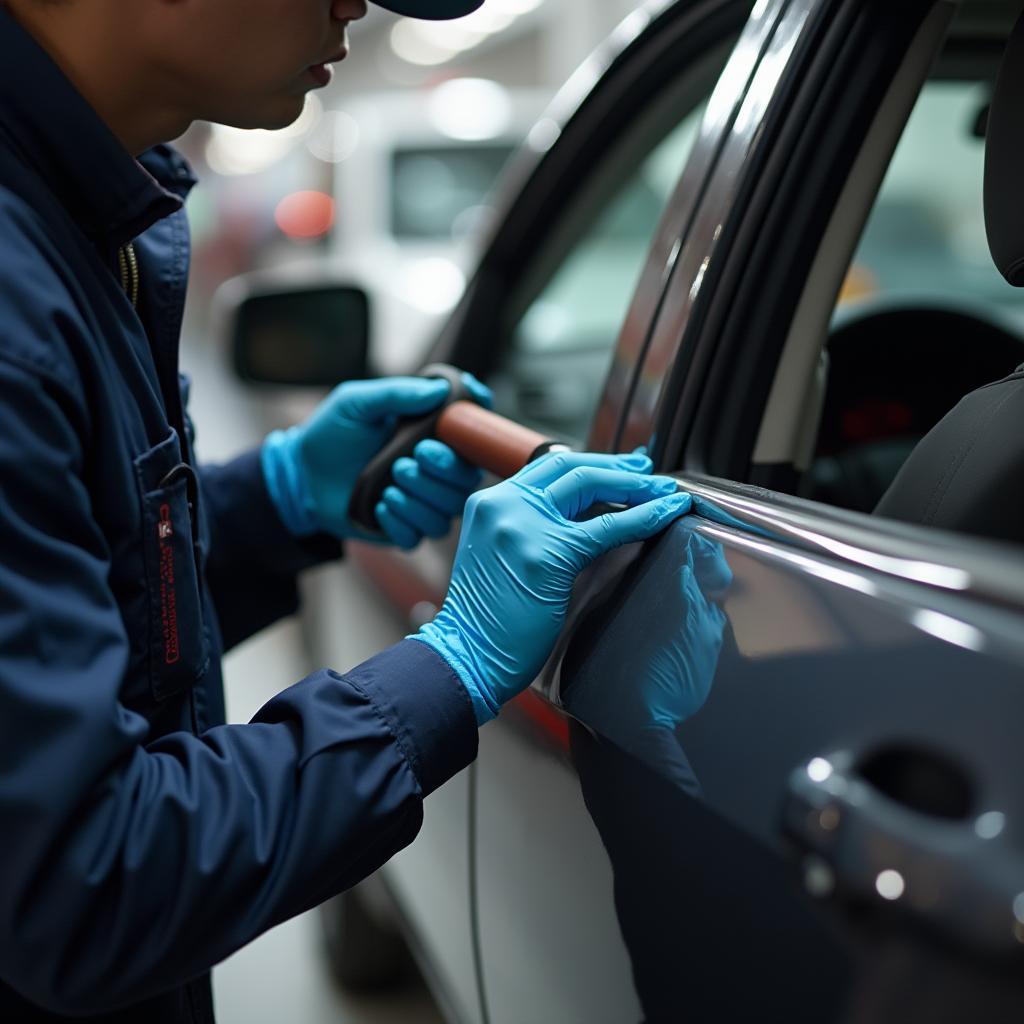 Close-up of a technician replacing a car window